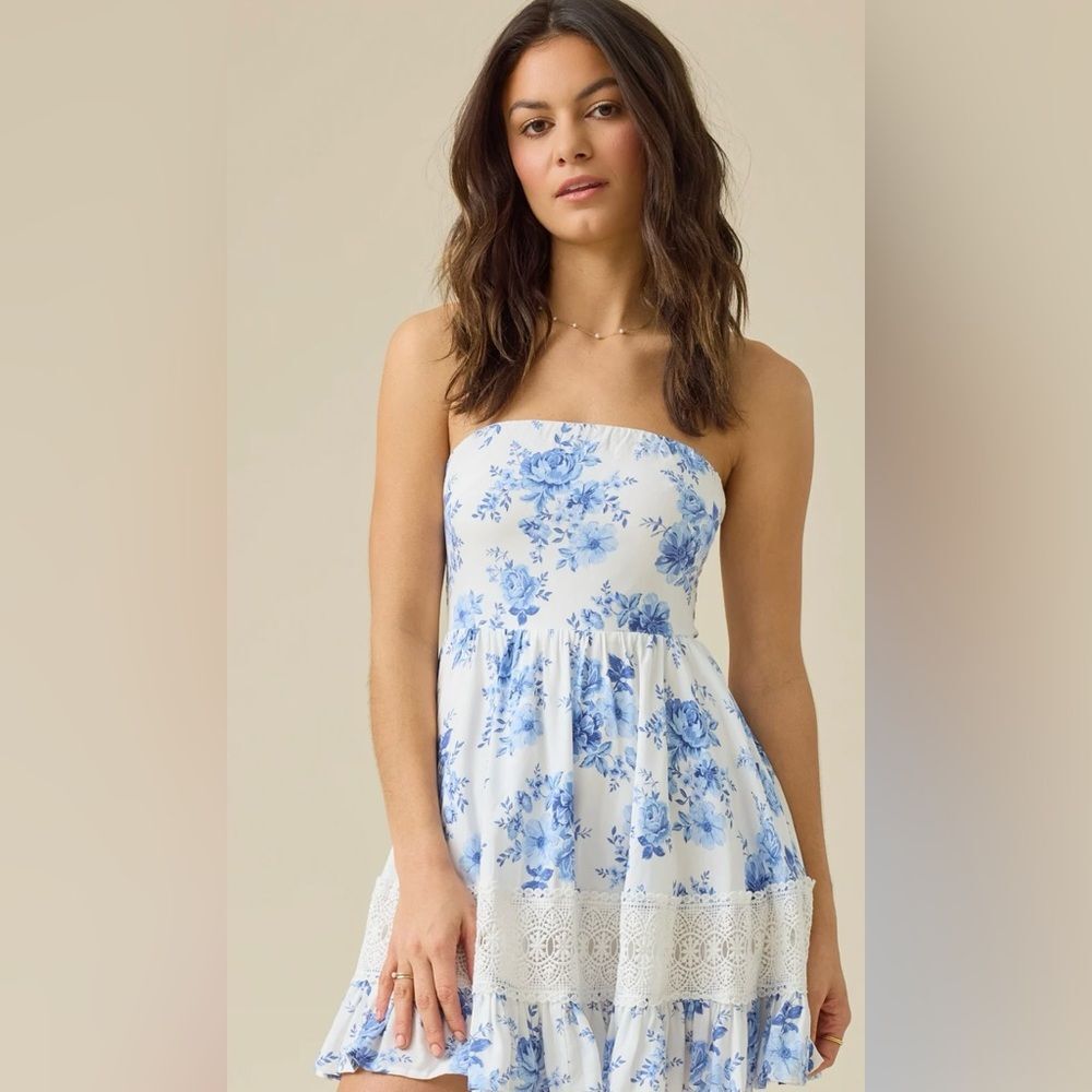 Altar'd State White Strapless Floral Dress with Blue Print